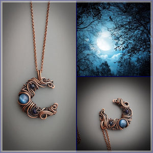 Copper crescent moon necklace with natural kyanite and sapphire