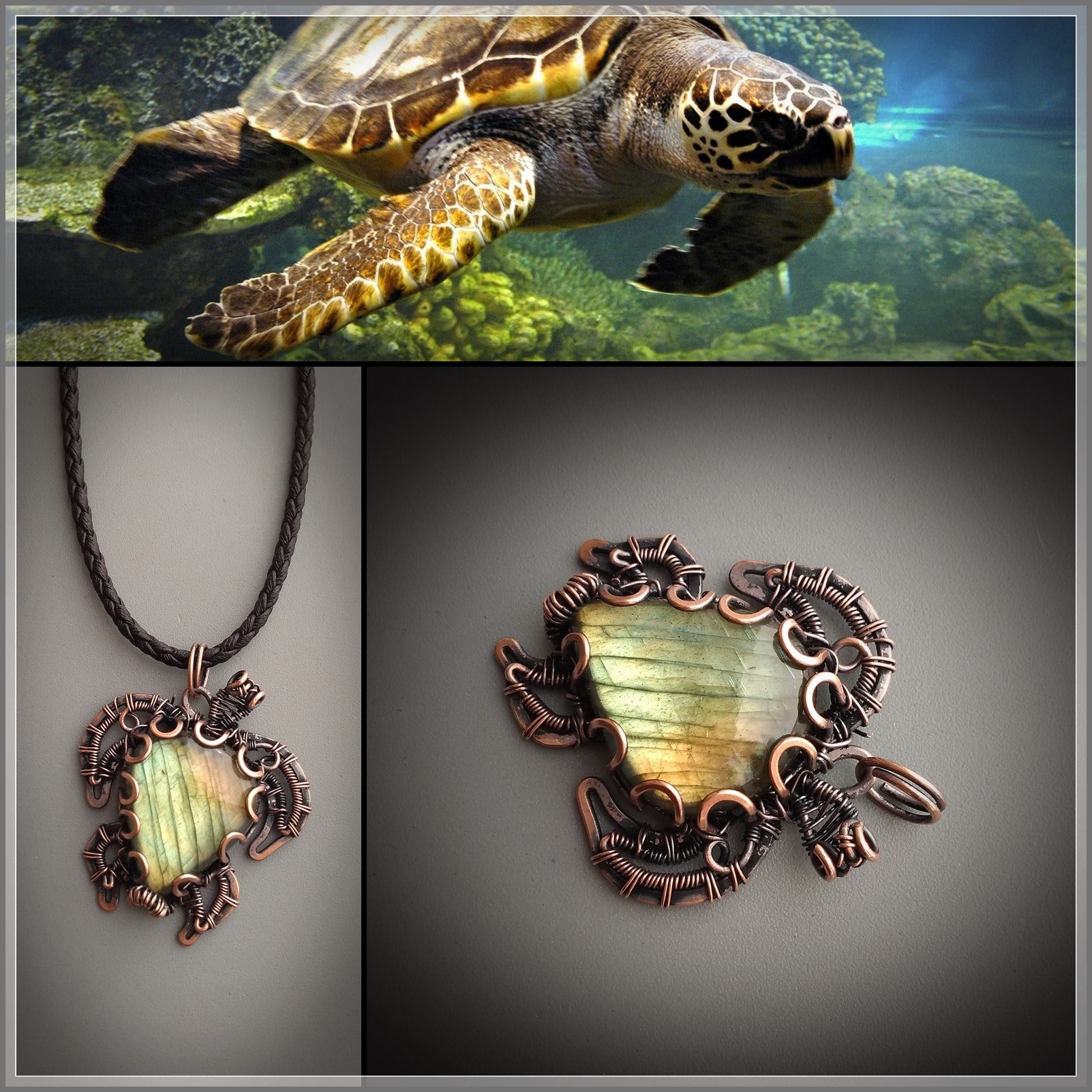 Copper turtle necklace with natural golden flash labradorite