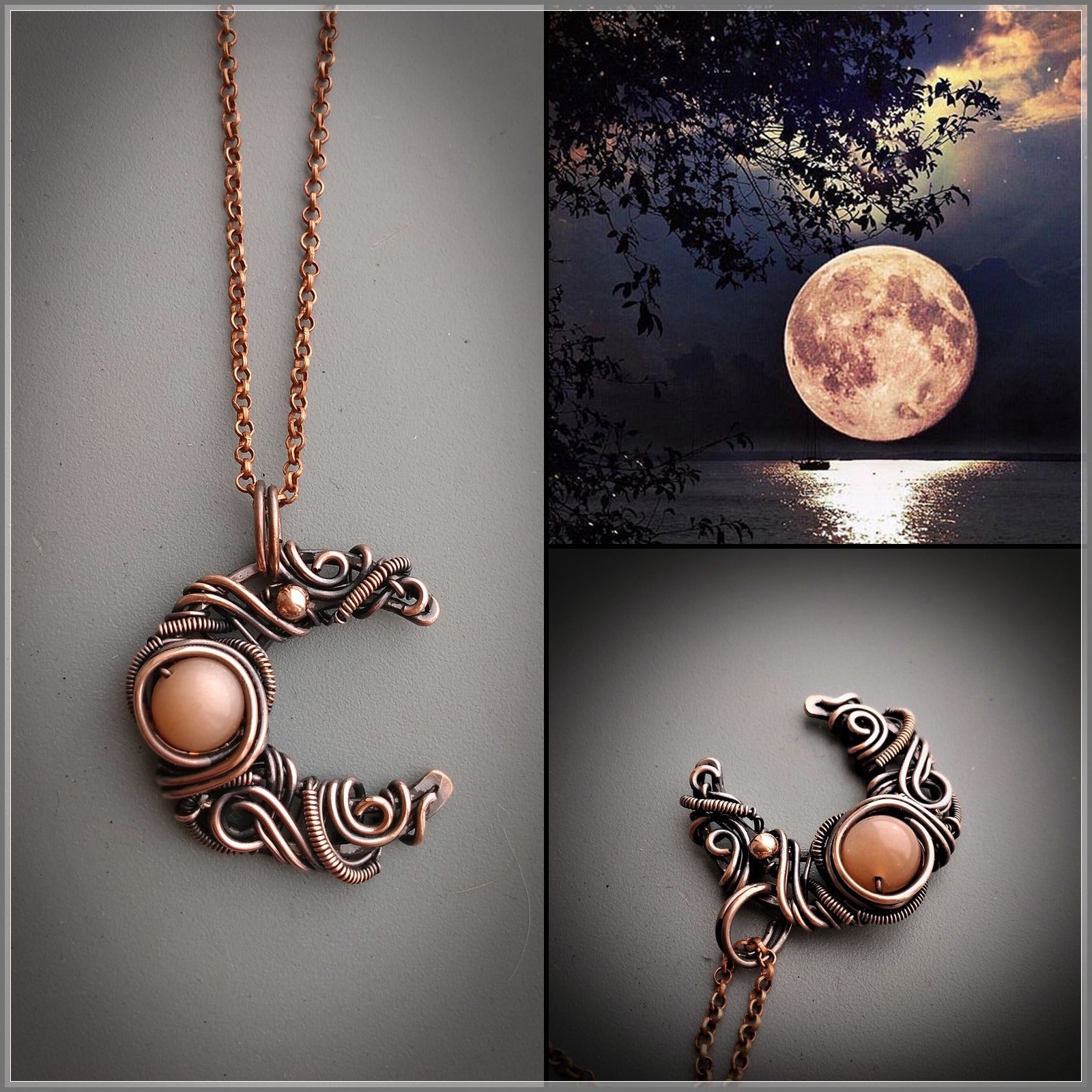 Crescent moon necklace with natural peach moonstone