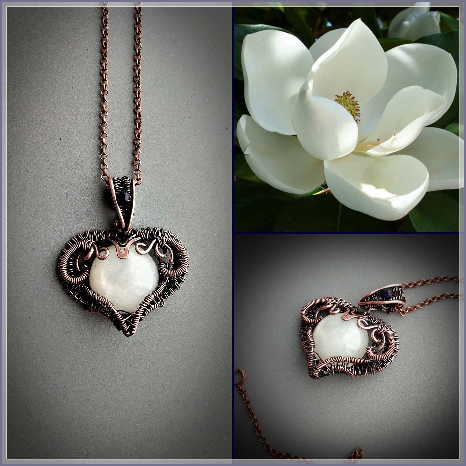 Handmade heart necklace with natural moonstone and natural sapphire