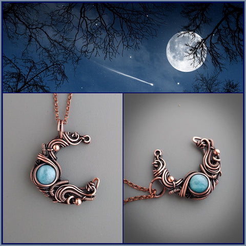 Natural blue aquamarine crescent moon necklace