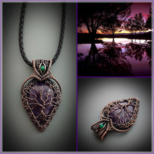 Copper tree of life pendant with natural amethyst stone