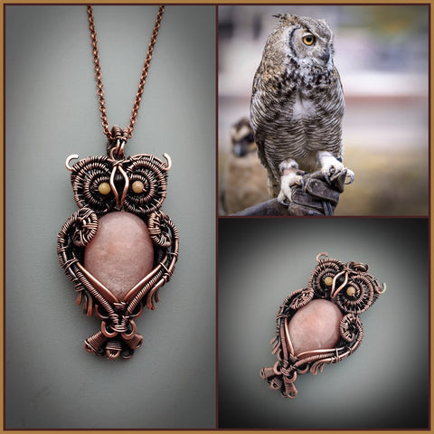 Copper owl pendant with peach moonstone