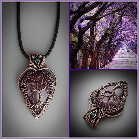 Copper tree of life necklace with natural amethyst crystal