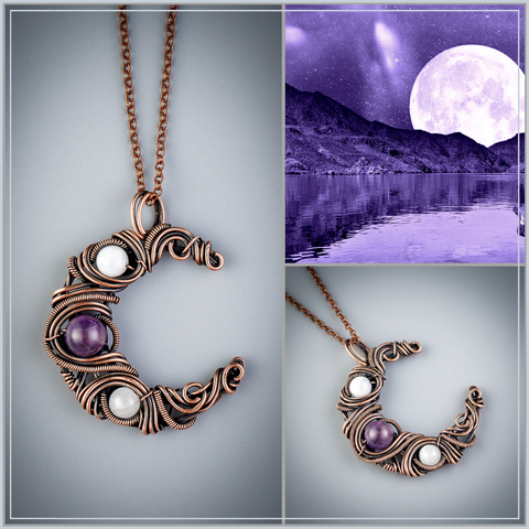 Handmade crescent moon necklace with natural amethyst and moonstone