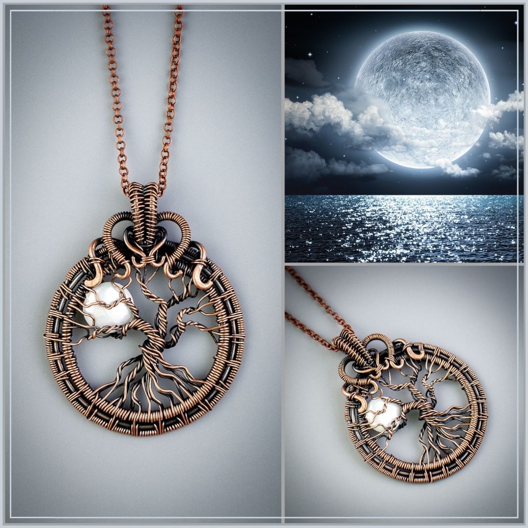 Handmade tree of life pendant with mother of pearl full moon