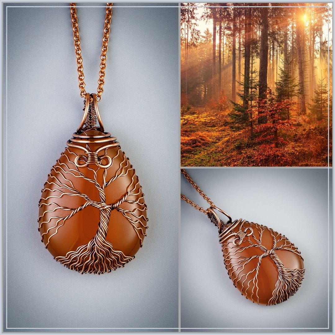 Unisex tree of life necklace with natural carnelian stone