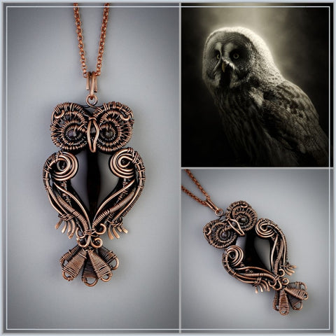 Copper owl amulet necklace with black onyx