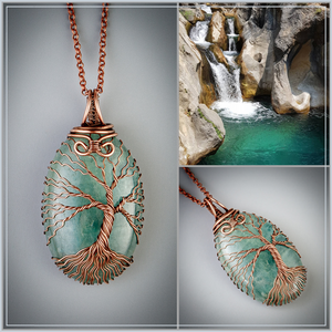 Handmade copper tree of life necklace with natural aquamarine crystal