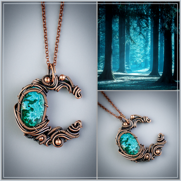 Copper crescent moon pendant with natural chrysocolla