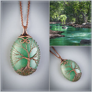 Handmade copper tree of life pendant with natural green aventurine crystal