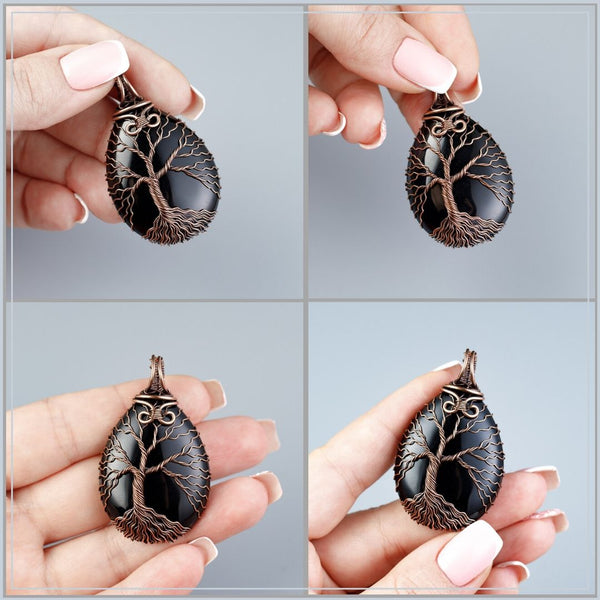 Copper tree of life necklace with natural black onyx stone