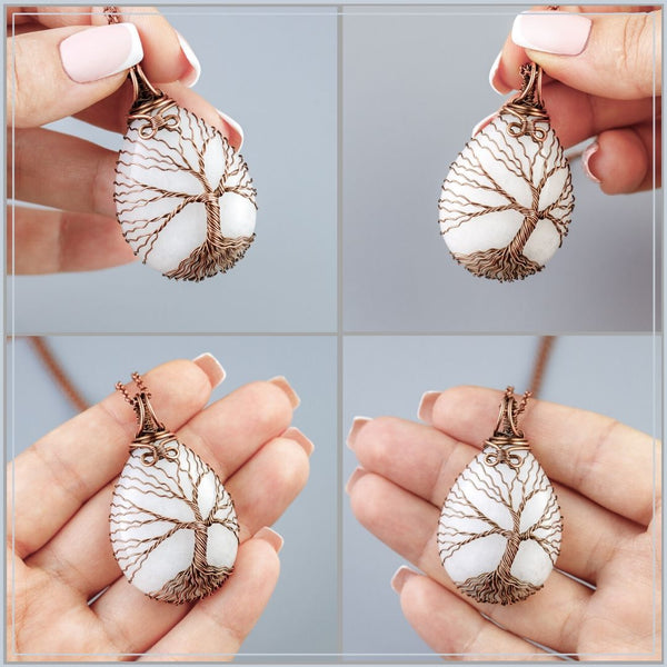 Copper tree of life necklace with natural white jade stone
