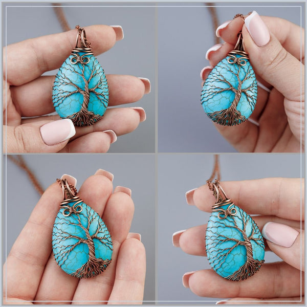 Copper tree of life necklace with turquoise blue howlite stone