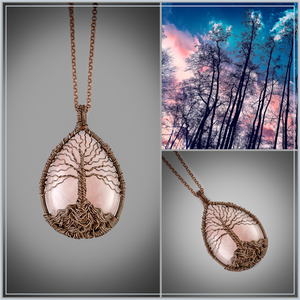 Mother's day gift - Handmade tree of life copper necklace with natural rose quartz