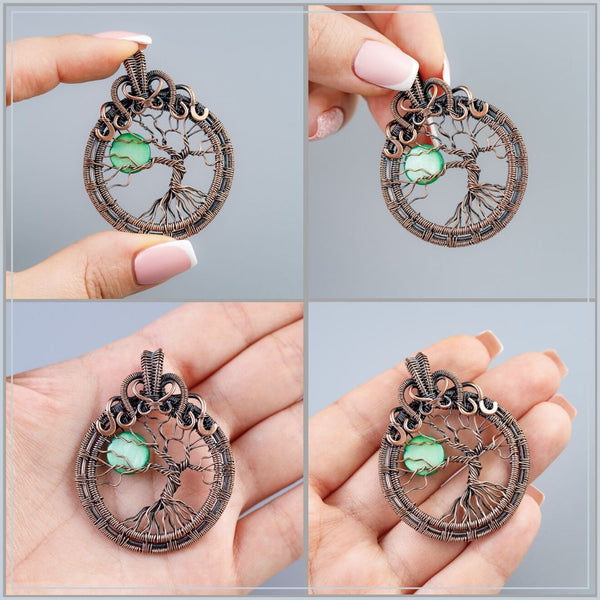 Copper tree of life necklace with green full moon