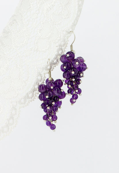 Handmade grape earrings with natural amethyst stone