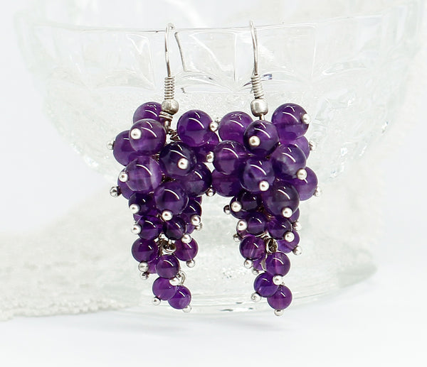 Handmade grape earrings with natural amethyst stone