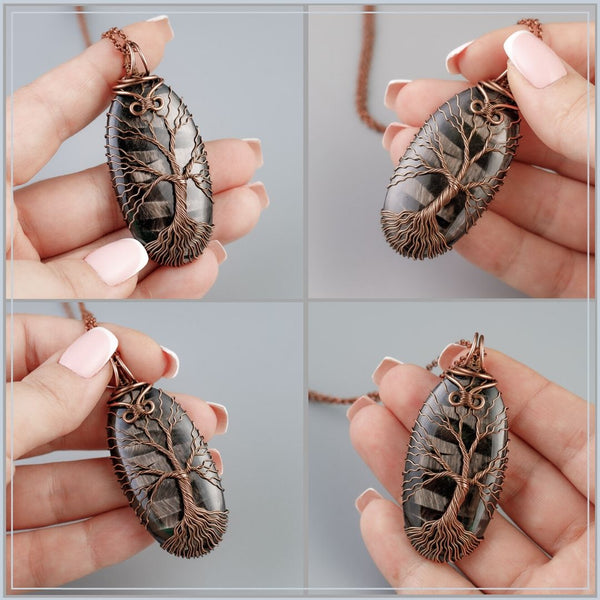 Copper tree of life amulet necklace with natural hypersthene