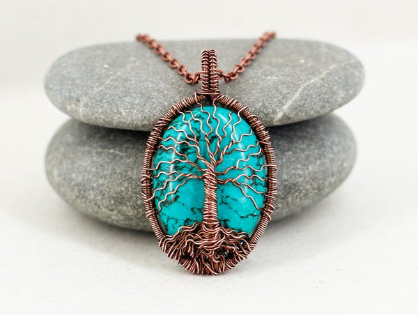 Tree of life copper necklace with natural turquoise