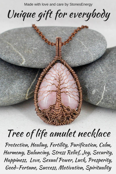 Tree of life copper necklace with natural rose quartz