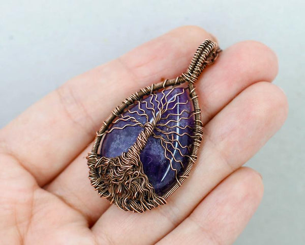 Tree of life copper necklace with natural amethyst