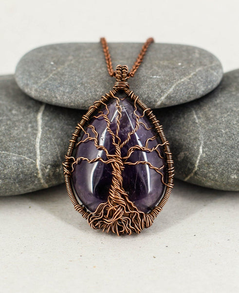 Tree of life copper necklace with natural amethyst