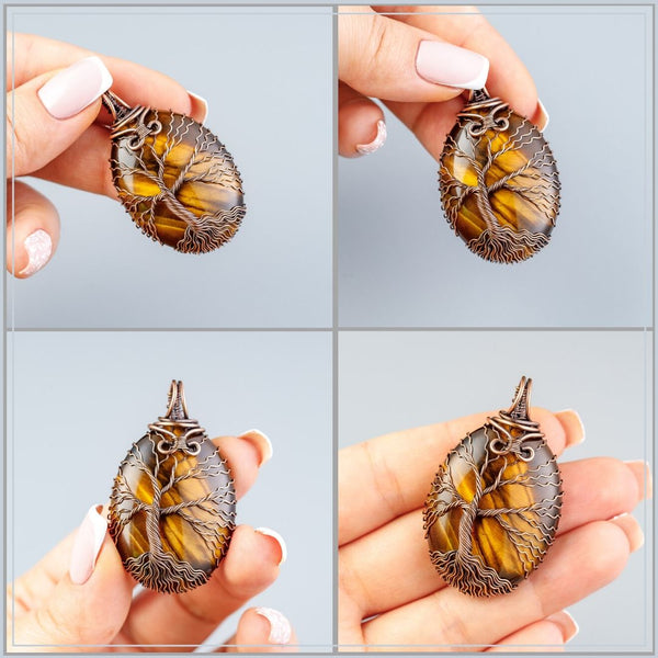 Handmade copper tree of life necklace with natural tiger eye crystal